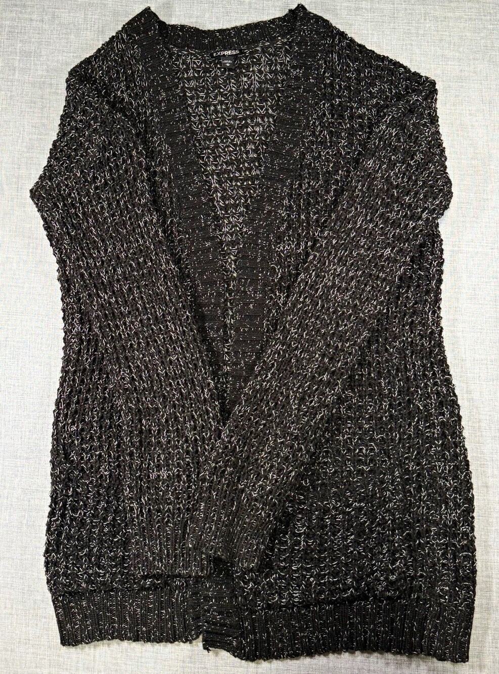 Express Women’s Cardigan Sweater M Gray/Black Knit Open Front Pockets Cotton